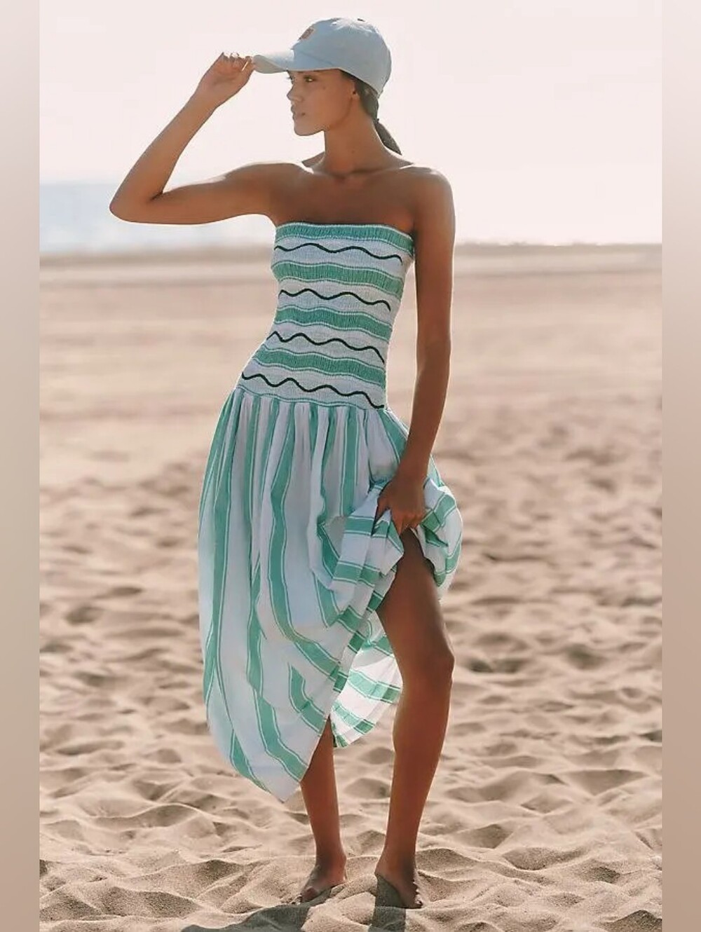 NWT🔖XL Anthropologie Strapless Green and White Smocked Dress